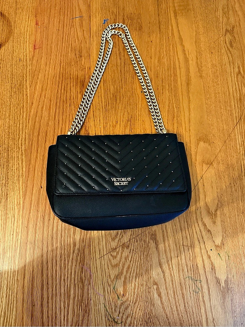 Victoria's Secret Quilted Chevron Studded Flap Shoulder Bag Black
